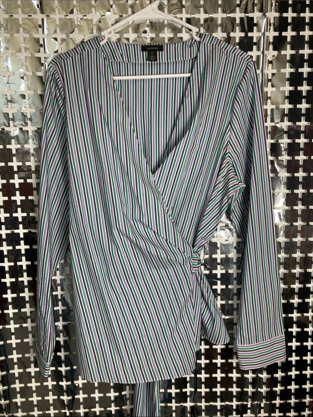 Halogen Striped Wrap Button-Down Top in Green, Blue and White